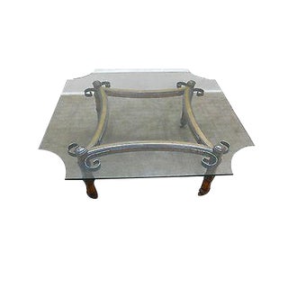 Vintage Spanish Mediterranean Style Walnut Scrolled Metal Glass Top Coffee Table For Sale