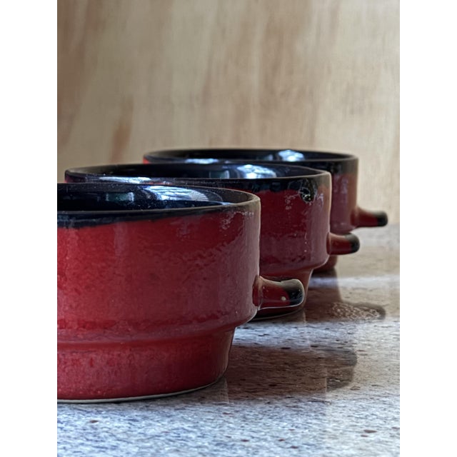 Set of 6 Vintage West German Pottery Soup Crocks | Red & Black Drip Glaze Two-Handle Bowls | W. Germany MCM Ceramic Soup...