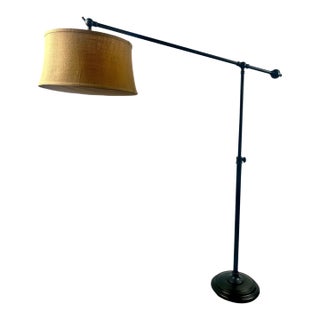 Industrial Style Adjustable Cantilever Arm Floor Lamp With Burlap Drum Shade For Sale