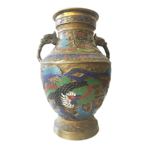 Vintage Japanese Phoenix & Dragon Champleve Enamel Dragons Vase 12" H