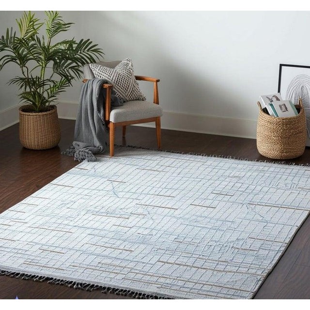 Textile 9x13 Ivory Hand-Knotted Wool Laddered Line Motif Tribal Modern Carpet Rug For Sale - Image 7 of 7