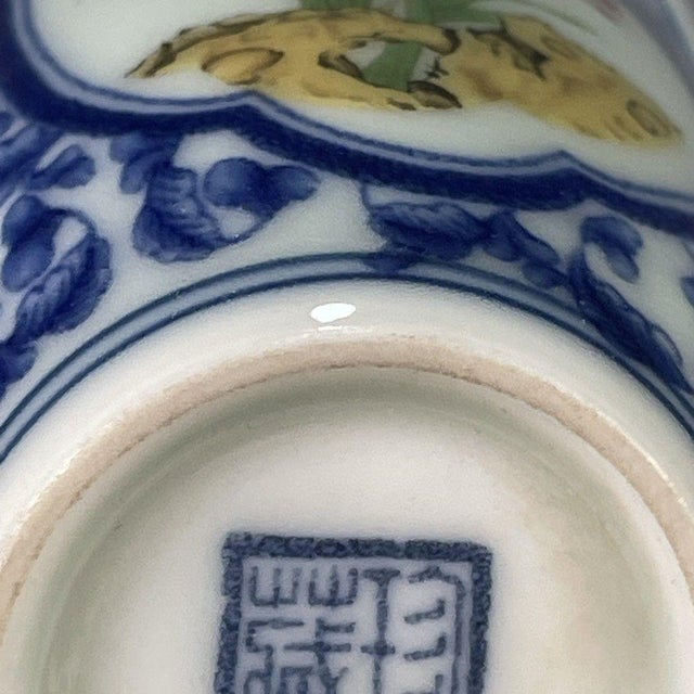 Blue Vintage Qing Blue & White Porcelain Cup – Famille Rose Orchid Medallion, "Qing Dynasty Collection" Mark For Sale - Image 8 of 9