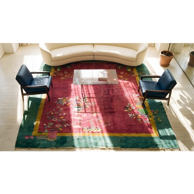Raspberry Pink 1920s Pink Floral Antique Antique Chinese Rug by Nichols Workshop 8' 9"x 11' 4" Handknotted Wool Carpet For Sale - Image 8 of 9