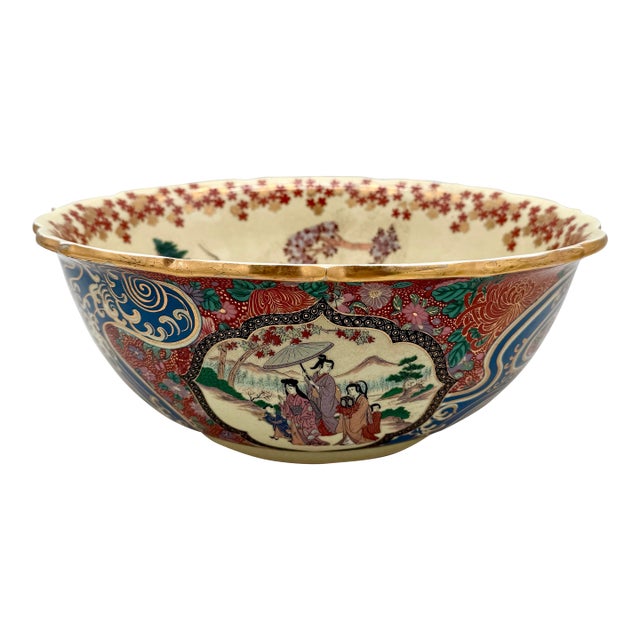 Large Meiji Satsuma-Style Centerpiece Bowl With Shishi Lion-Dog & Figural Panels, C. 1890 For Sale