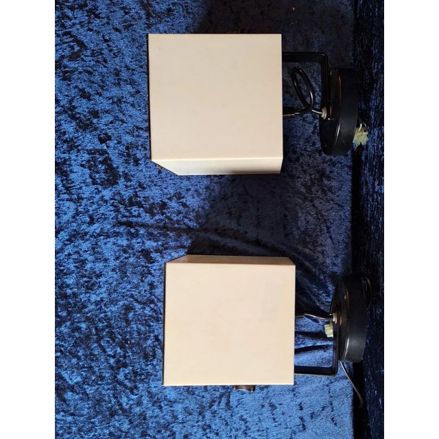 Vintage Adjustable Wall Lamps with Cream White Cube-Shaped Plastic Housing, Black Plastic Cover and Mount, 1970s, Set of 2 For Sale - Image 3 of 8