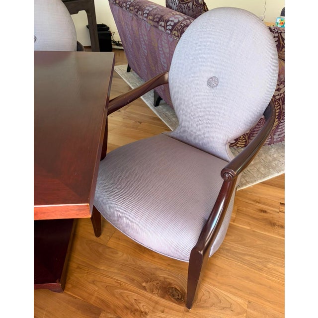 FOUR (4) Donghia 38”H x 23”W x 20”D Red Mahogany Casper Arm Chairs with Henry Calvin 9482 Miranda “Heliotrope”...