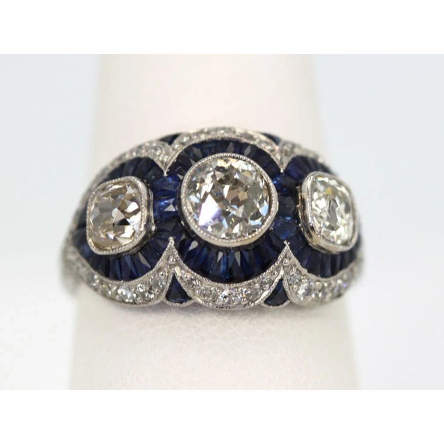 Circa 1920s Deco Platinum Sapphire Diamond 3.28 Carats Ring Size 6.5 For Sale - Image 4 of 8