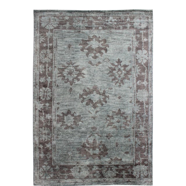 Indian Floral Oushak Area Rug in Brown and Light Green For Sale