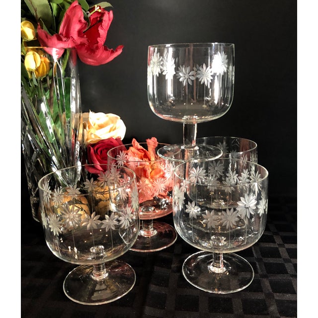 Set of 5 Vintage Clear Crystal Dessert Sherbet Cups Daisy Floral Etched
