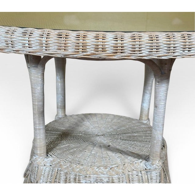 Vintage Coastal White Wicker Round Dining Table With Inset Glass Top For Sale - Image 9 of 18