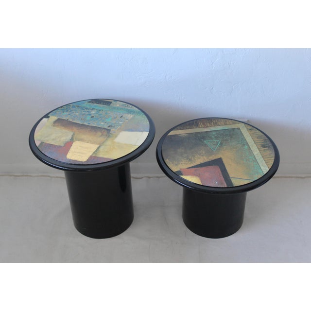 1980s Milano Memphis Style Circular Black Lacquered Painted Mushroom Nesting Side Tables - A Pair For Sale - Image 14 of 17