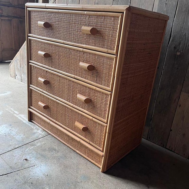 Vintage bamboo and cane 4 drawer Chest of drawers Bamboo drawer handles and cane covering front and sides and top The...