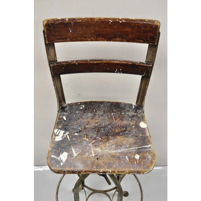 Industrial Early 20th Century Industrial Toledo Metal Co Steel & Wood Adjustable Drafting Stool Chair For Sale - Image 3 of 12