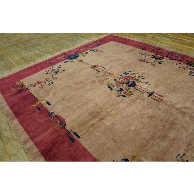 1920s 1920s Tan Ecru Flowers Spray Modern Antique Chinese Art Deco Carpet 8' 11'' X 11' 7" Woven Wool Rug For Sale - Image 5 of 9