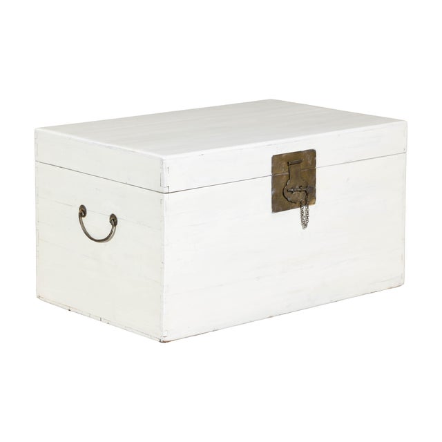 White Lacquered Trunk with Brass Hardware, Vintage Storage Chest For Sale - Image 4 of 12