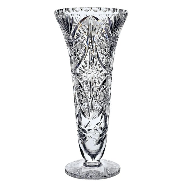 Traditional Bohemian Czech Hand Cut Glass Trumpet Vase For Sale - Image 3 of 12