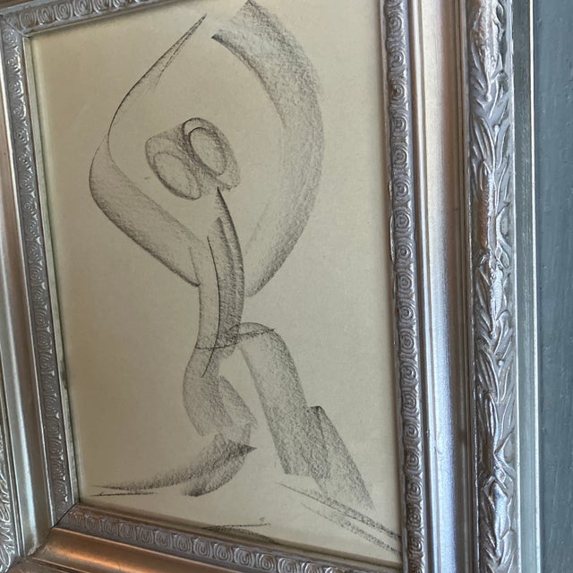 Abstract 1970’s Original Abstract Charcoal Dancing Figure Study Drawing Silver Frame For Sale - Image 3 of 4