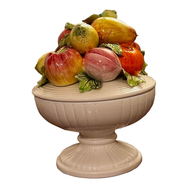 Vintage Arco Italian Majolica Style Fruit Compote Candy Dish With Lid – Ceramic Pedestal Bowl – Hollywood Regency Deco For Sale