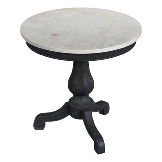 Danielle 24 in. W Round Marble and Wood Pedestal Side Table, Washed Black For Sale