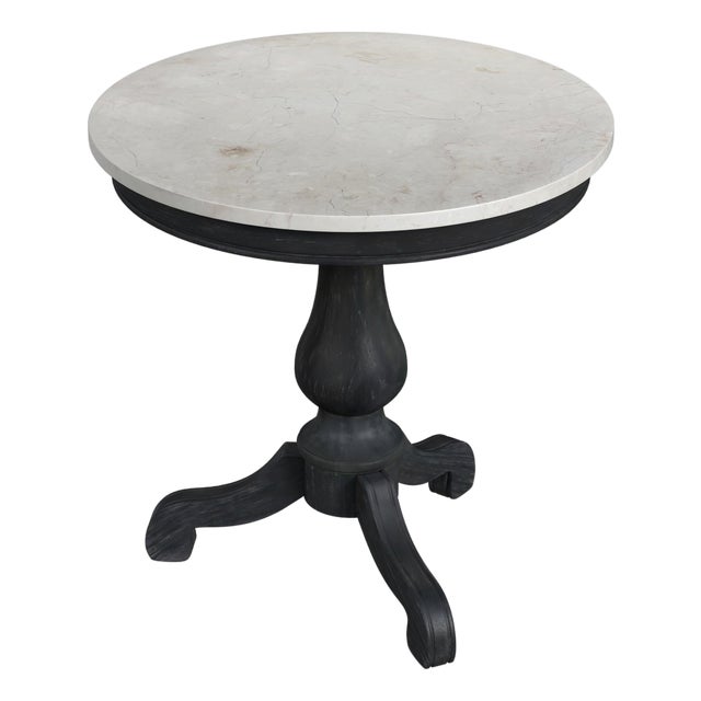 Danielle 24 in. W Round Marble and Wood Pedestal Side Table, Washed Black For Sale
