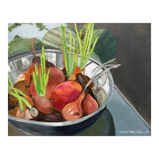 “At the Farm" Impressionist Still Life of Shallots and Fruit by Mill Valley Artist Mary Anne McKernie For Sale