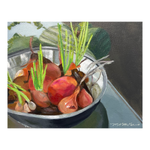 “At the Farm" Impressionist Still Life of Shallots and Fruit by Mill Valley Artist Mary Anne McKernie