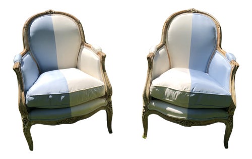 Louis XIV French Silk Bergére Chairs a Pair