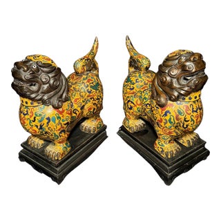 Early 20th Century Pair Of Chinese Cloisonne Enamel Foo Lion Censers For Sale