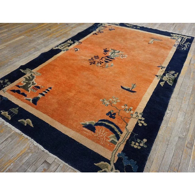 1920s Orange Medallion Scene Antique Chinese Art Deco Carpet 6 'X 8'6" Knotted Wool Rug For Sale - Image 4 of 15