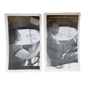 Mid 20th Century Surreal Man Woman Driving Car Snapshot Photographs - A Pair