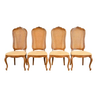 Thomasville French Provincial Louis XV Carved Walnut and Cane Back Dining Chairs, Set of Four For Sale