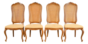 Thomasville French Provincial Louis XV Carved Walnut and Cane Back Dining Chairs, Set of Four