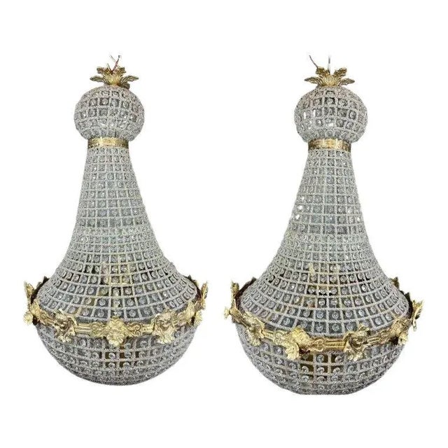 French Pair of Late 20th Century French Louis XVI Style Empire Chandeliers With Sculpted Woman’s Face Accents For Sale - Image 3 of 11