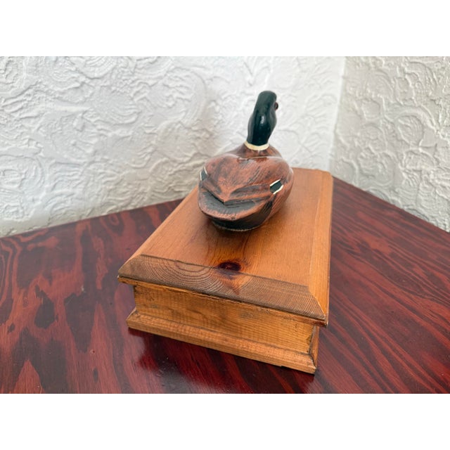Brown Vintage Folk Art Pine Wood Lidded Box With Mallard Duck Decoy For Sale - Image 8 of 12