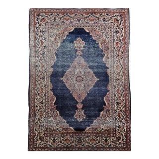 Vintage Persian Kashan Rug, Hand-Knotted Wool, Open Field Pattern, Navy & Ivory, 3x5 For Sale