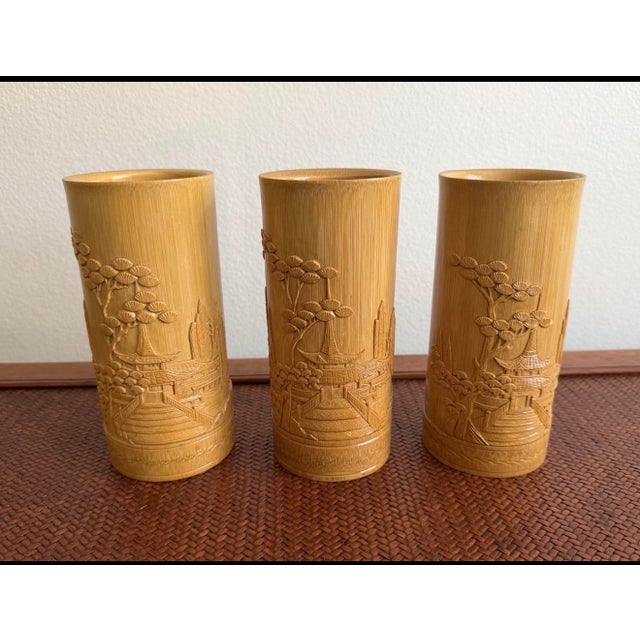 1970s 1970s New Old Stock Hand-Carved Bamboo Pagoda Asian Bud Vases — Set of 3 For Sale - Image 5 of 7