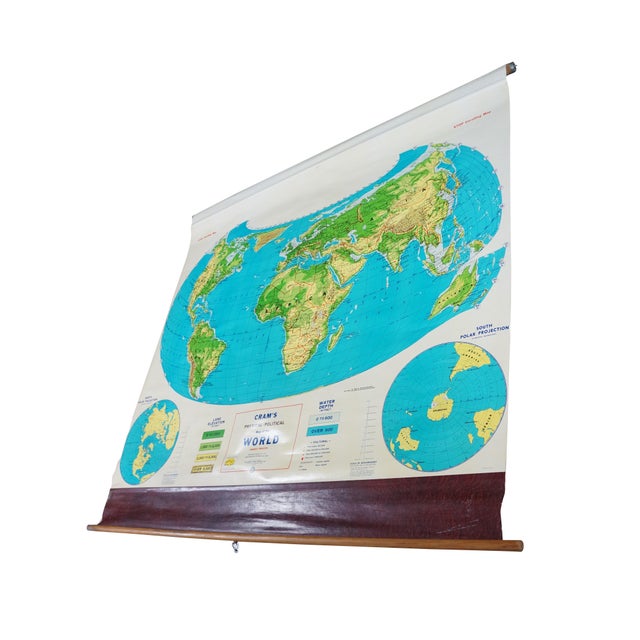 Mid-Century Modern Mid Century Cram's Physical Political World Pull Down Map Classroom Wall Map 64" For Sale - Image 3 of 18