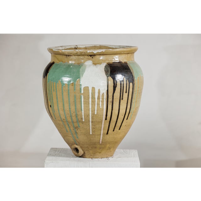 "About the Item This antique Japanese jar presents a bold, rustic aesthetic defined by its distinctive drip-glazed surface...