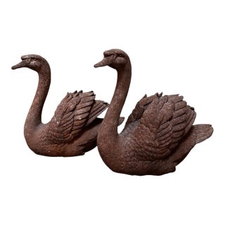 Pair of Vintage Cast Stone Swan Garden Sculptures For Sale