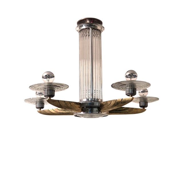 Early 20th Century Petitot Signed Bronze, Nickel, Aluminum, Glass Five Arm Skyscraper Chandelier For Sale - Image 10 of 18