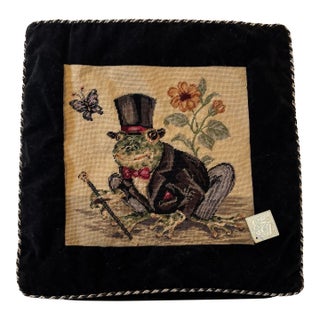 1980s Needlepoint Pillow of a Whimsical Gentleman Frog by 123 Creations For Sale