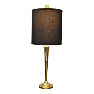 Late 20th Century Solid Brass Geometric Tall Table Lamp Black Fabric Drum Shade