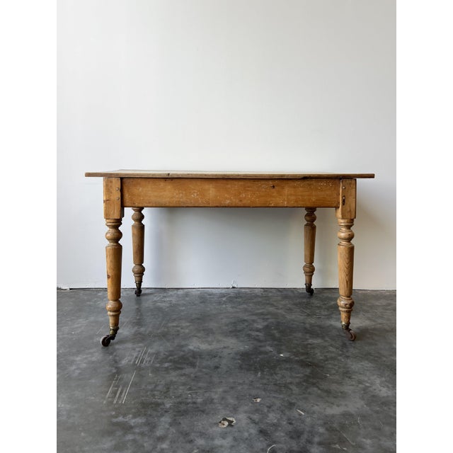 Wood Antique Pine Farmhouse Table on Casters For Sale - Image 7 of 12
