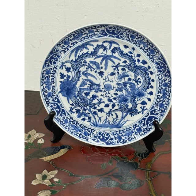 Blue Chinese Porcelain Dragon Plate, Antique For Sale - Image 8 of 12
