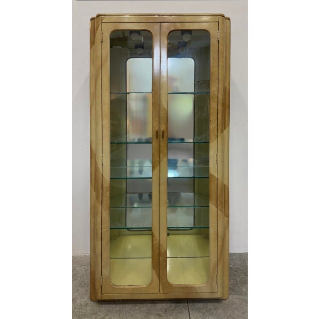Mid-Century Modern Vintage Laquered Faux Goatskin and Glass Vitrine Cabinets, Pair For Sale - Image 3 of 10