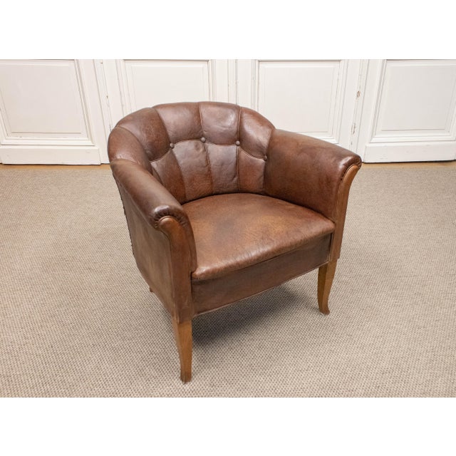 Animal Skin Vintage Swedish Club Chair in Brown Leather, 1940s For Sale - Image 7 of 10