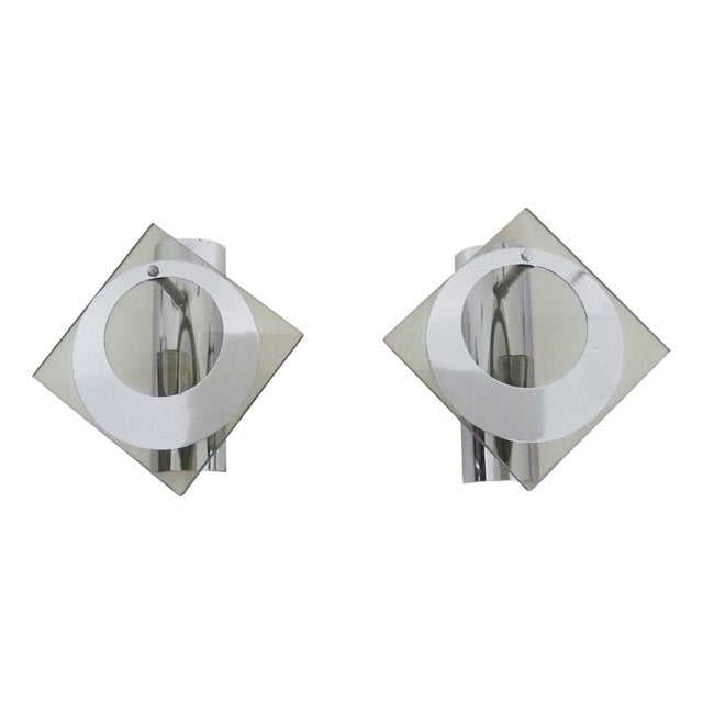 Vintage Chrome-Plated Metal and Glass Wall Sconces, 1970s, Set of 2 For Sale
