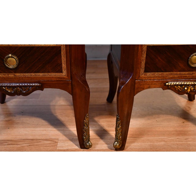 Wood 1900s Pair Antique French Louis XV Walnut & Satinwood Marble Top Lingerie Stands For Sale - Image 7 of 12
