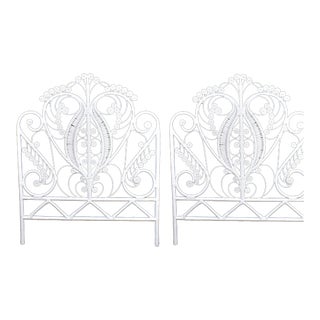 1970s Pair of Rattan White Fiddlehead Twin Headboards For Sale