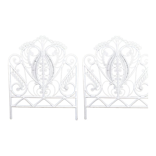 1970s Pair of Rattan White Fiddlehead Twin Headboards For Sale